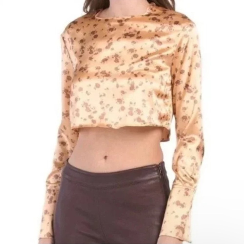 Zara Womens Long Sleeve Cropped Floral Satin Blouse